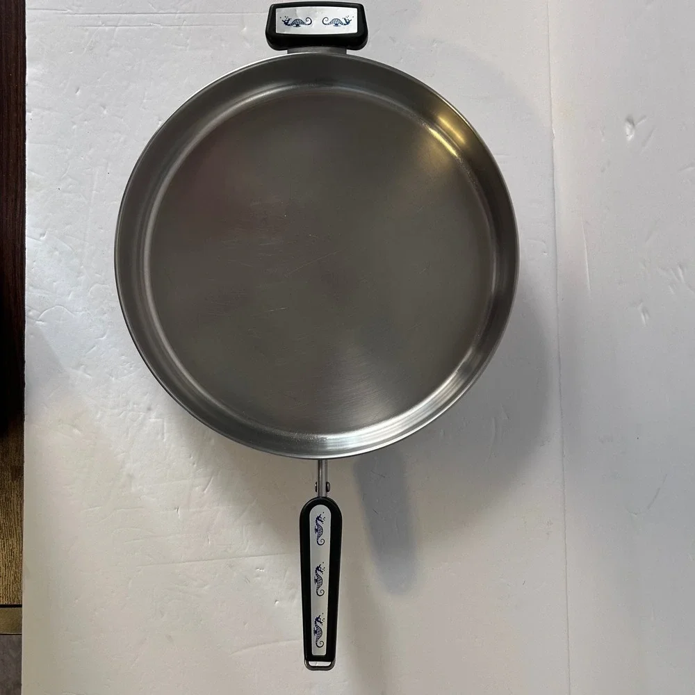 Vintage Revere Ware Copper Clad Skillet with High Dome Lid Blue Seahorse Handle
